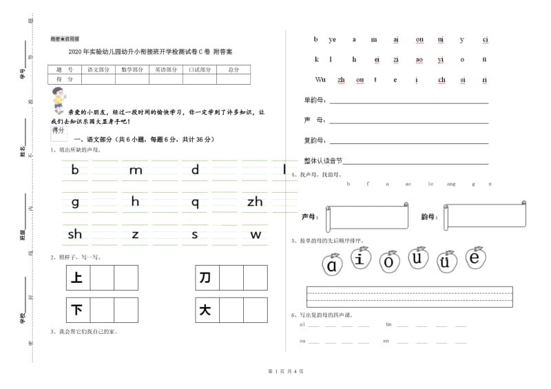 2020年实验幼儿园幼升小衔接班开学检测试卷C卷 附答案.doc_第1页