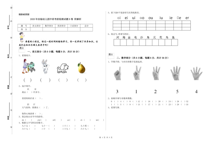 2020年实验幼儿园中班考前检测试题B卷 附解析.doc_第1页