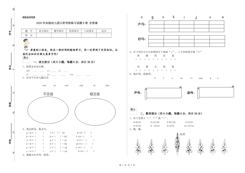 2020年实验幼儿园大班考前练习试题B卷 含答案.doc_第1页