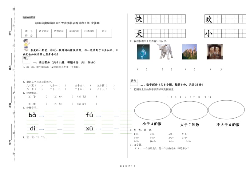 2020年实验幼儿园托管班强化训练试卷B卷 含答案.doc_第1页