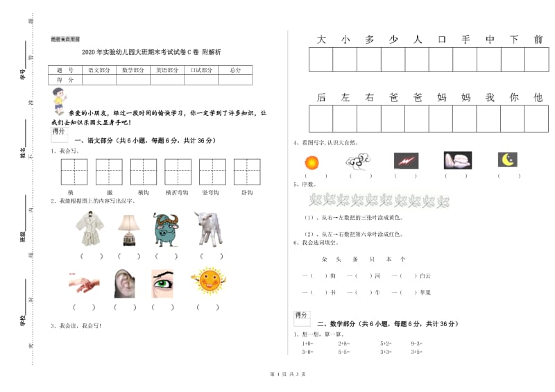 2020年实验幼儿园大班期末考试试卷C卷 附解析.doc_第1页