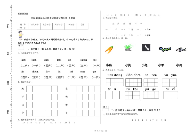 2020年实验幼儿园中班月考试题B卷 含答案.doc_第1页