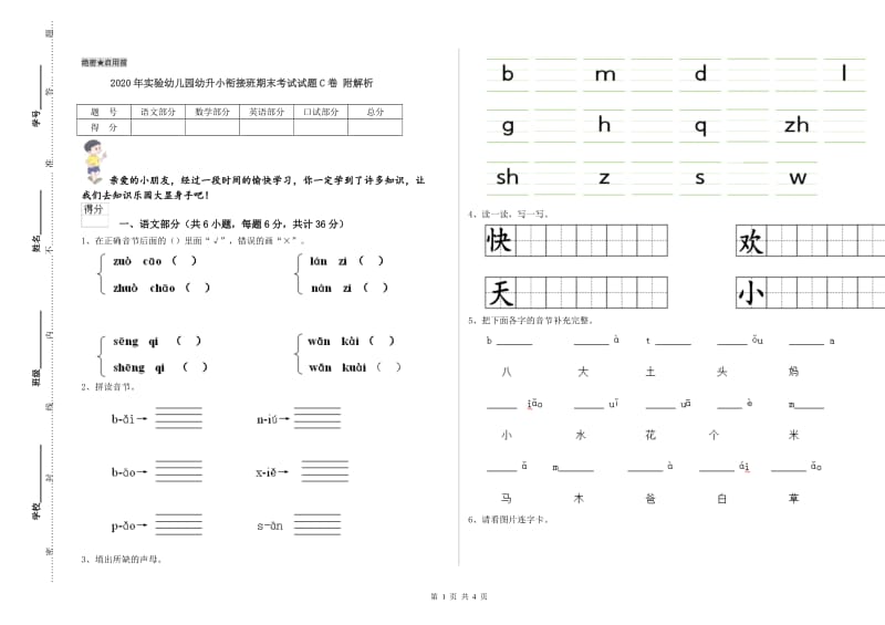 2020年实验幼儿园幼升小衔接班期末考试试题C卷 附解析.doc_第1页