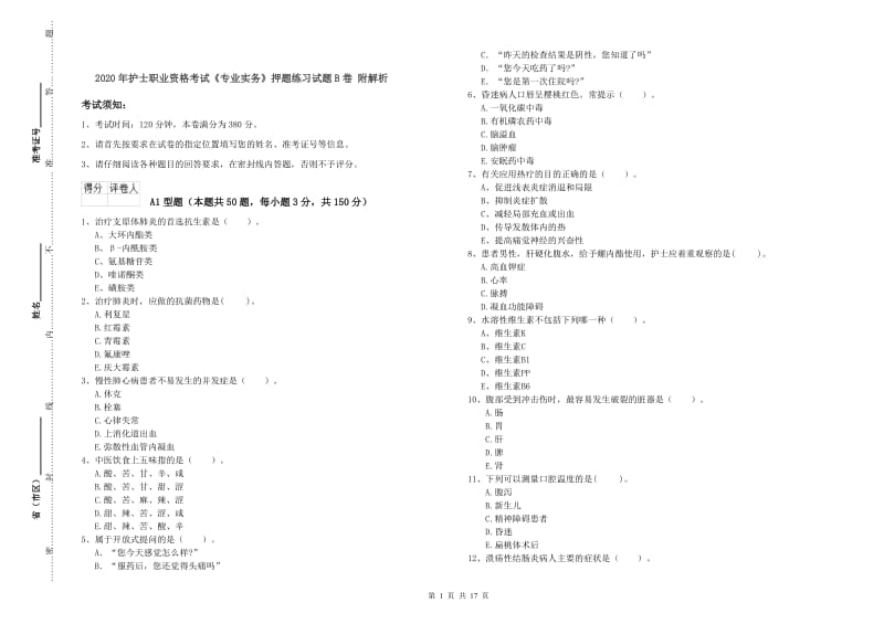 2020年护士职业资格考试《专业实务》押题练习试题B卷 附解析.doc_第1页