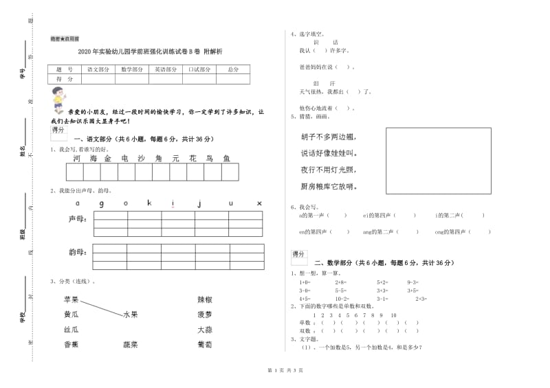 2020年实验幼儿园学前班强化训练试卷B卷 附解析.doc_第1页