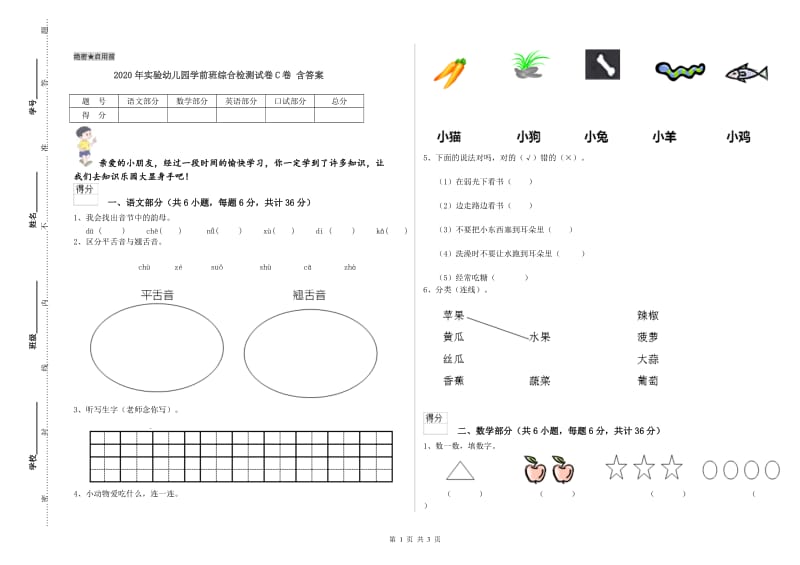 2020年实验幼儿园学前班综合检测试卷C卷 含答案.doc_第1页