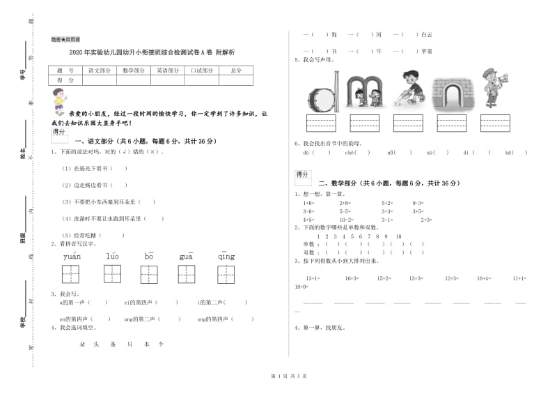 2020年实验幼儿园幼升小衔接班综合检测试卷A卷 附解析.doc_第1页