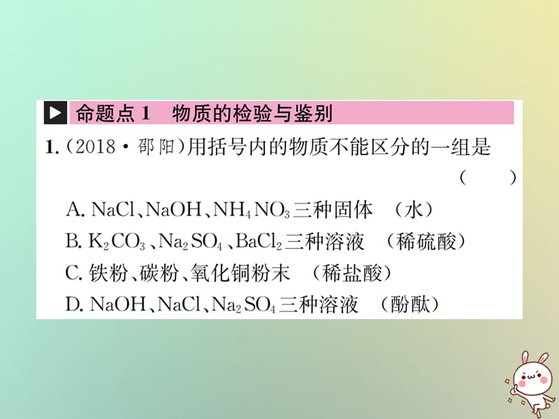 中考化学复习主题五科学探究第讲物质的检验鉴别共存与除杂课件_第2页