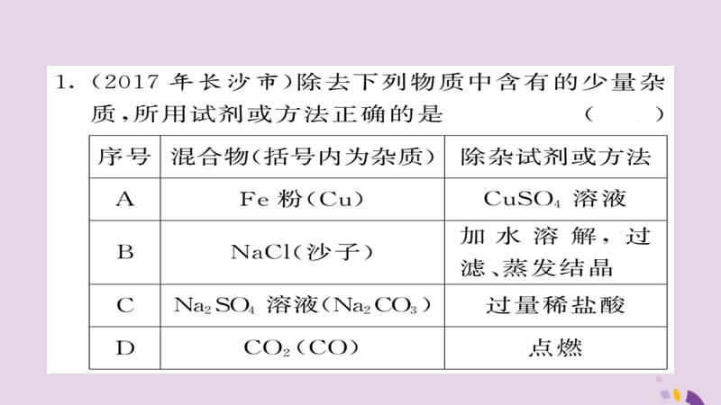 中考化学总复习第二轮专题训练提升能力专题四物质的分离与除杂练习课件_第2页