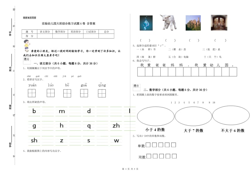 实验幼儿园大班综合练习试题A卷 含答案.doc_第1页