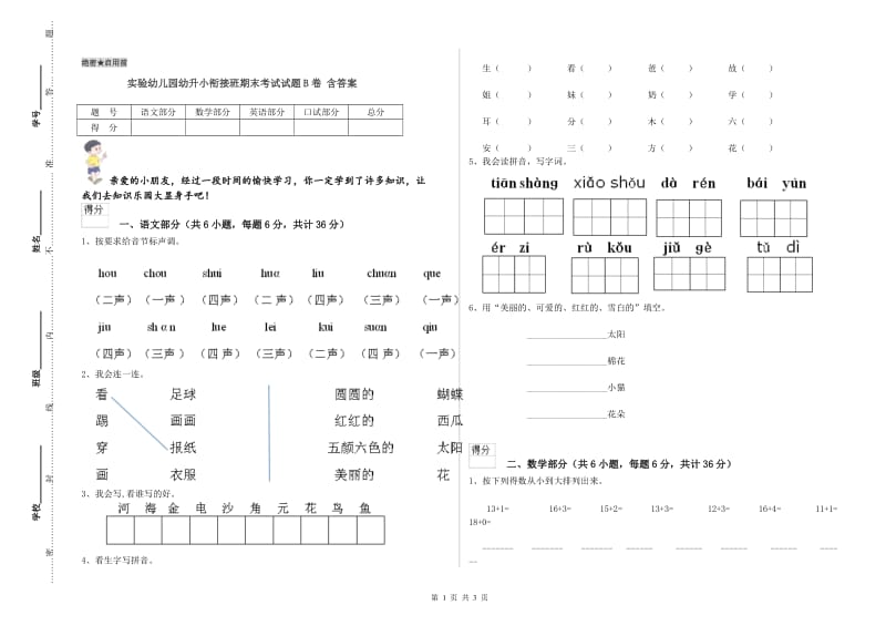 实验幼儿园幼升小衔接班期末考试试题B卷 含答案.doc_第1页