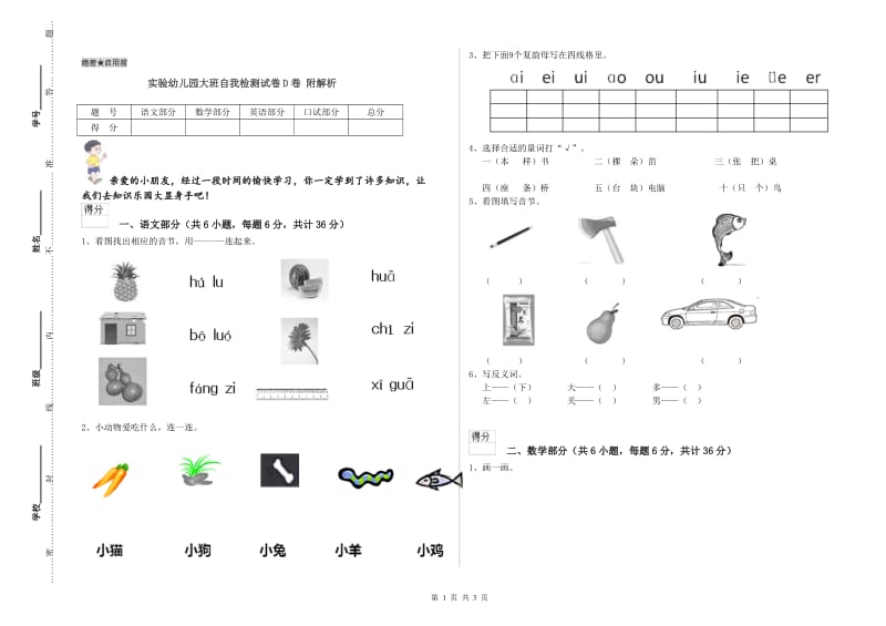 实验幼儿园大班自我检测试卷D卷 附解析.doc_第1页