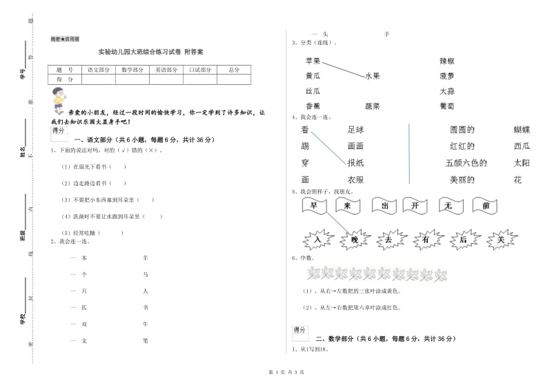 实验幼儿园大班综合练习试卷 附答案.doc_第1页