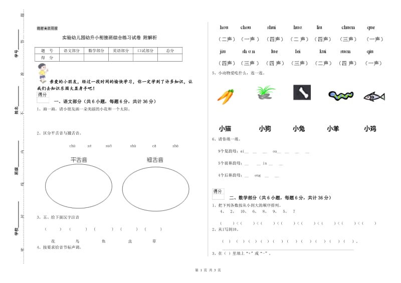 实验幼儿园幼升小衔接班综合练习试卷 附解析.doc_第1页