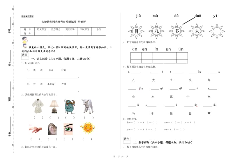 实验幼儿园大班考前检测试卷 附解析.doc_第1页