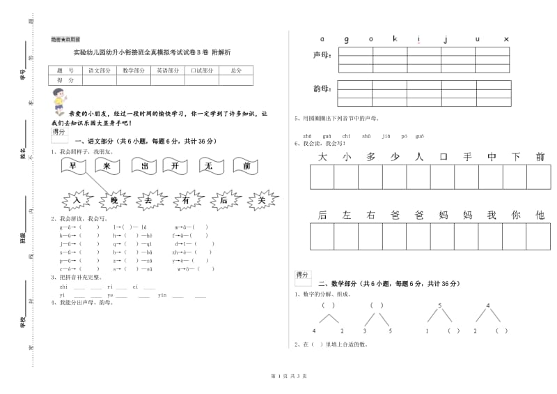 实验幼儿园幼升小衔接班全真模拟考试试卷B卷 附解析.doc_第1页