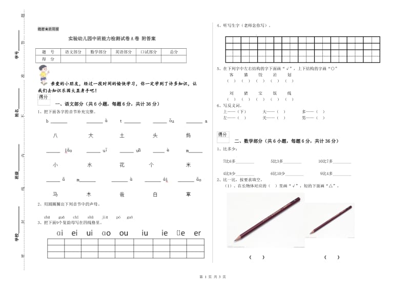 实验幼儿园中班能力检测试卷A卷 附答案.doc_第1页