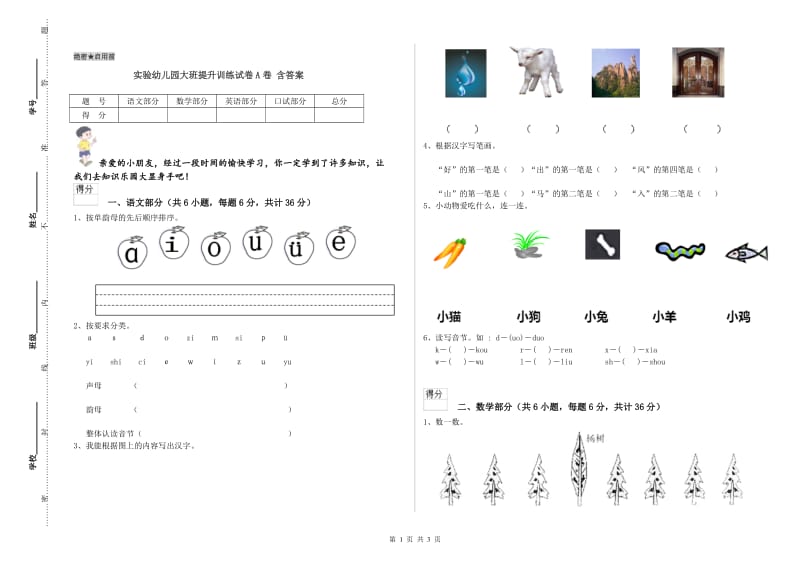 实验幼儿园大班提升训练试卷A卷 含答案.doc_第1页