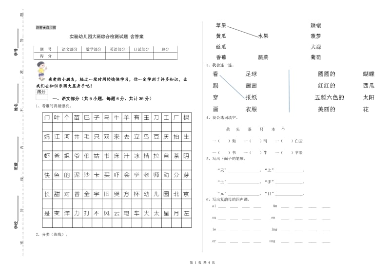 实验幼儿园大班综合检测试题 含答案.doc_第1页