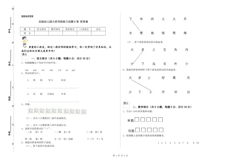 实验幼儿园大班考前练习试题B卷 附答案.doc_第1页