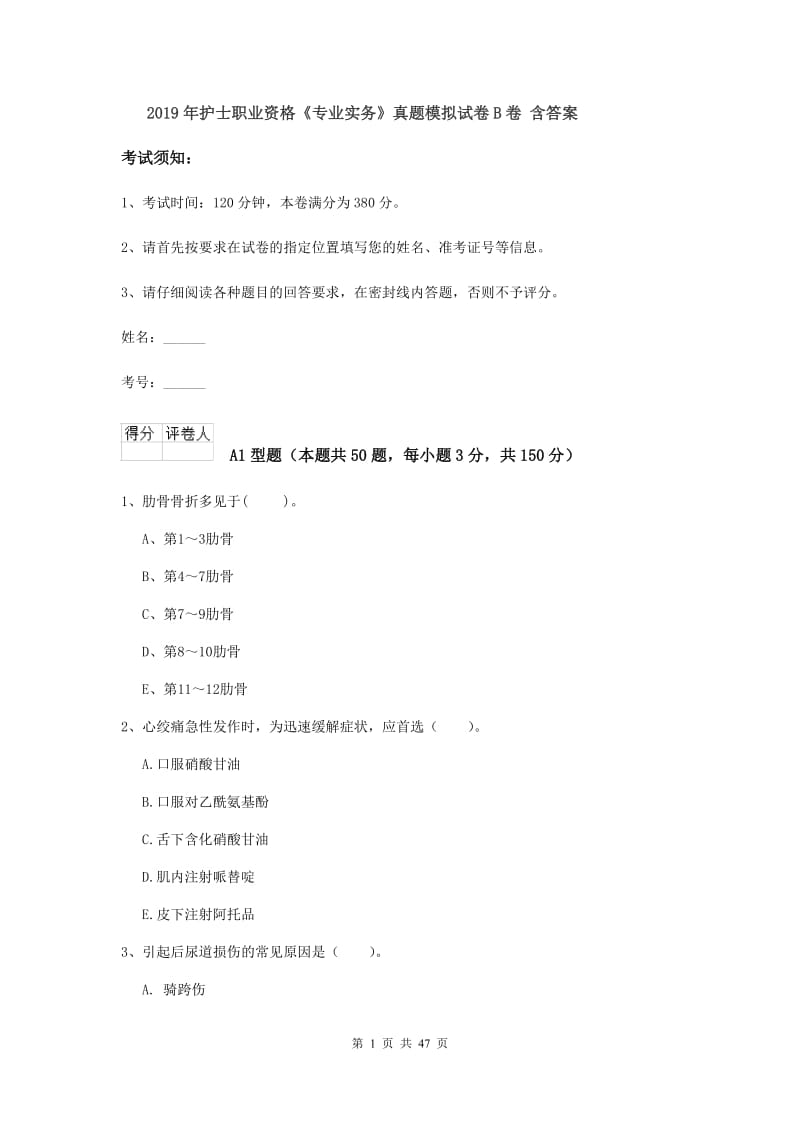 2019年护士职业资格《专业实务》真题模拟试卷B卷 含答案.doc_第1页