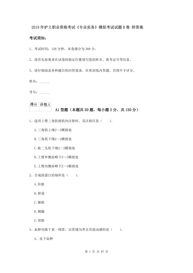 2019年护士职业资格考试《专业实务》模拟考试试题B卷 附答案.doc_第1页