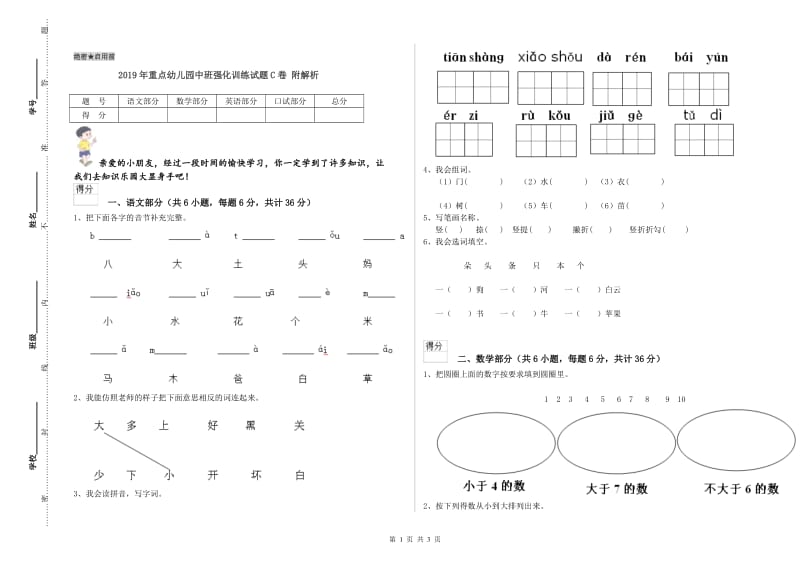 2019年重点幼儿园中班强化训练试题C卷 附解析.doc_第1页