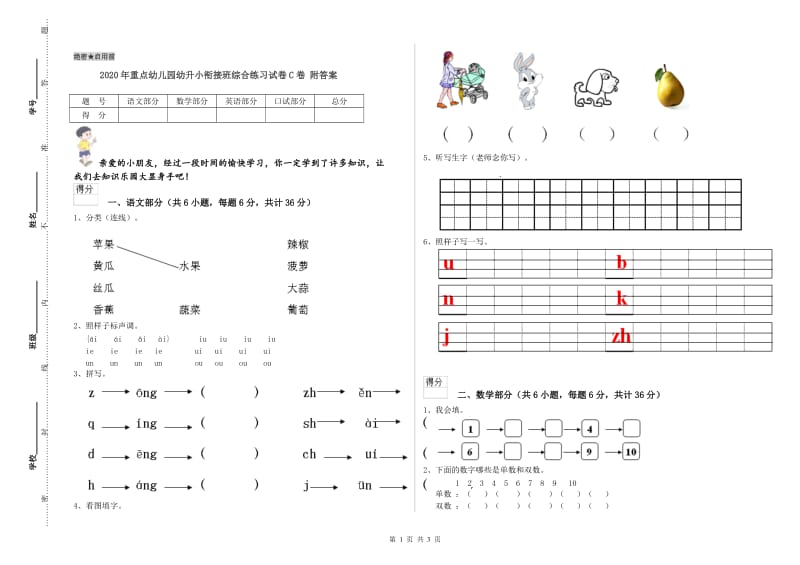 2020年重点幼儿园幼升小衔接班综合练习试卷C卷 附答案.doc_第1页