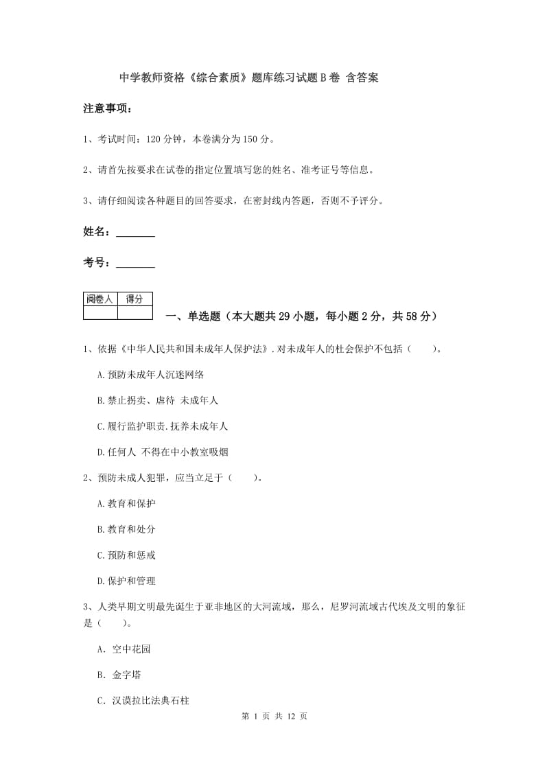 中学教师资格《综合素质》题库练习试题B卷 含答案.doc_第1页