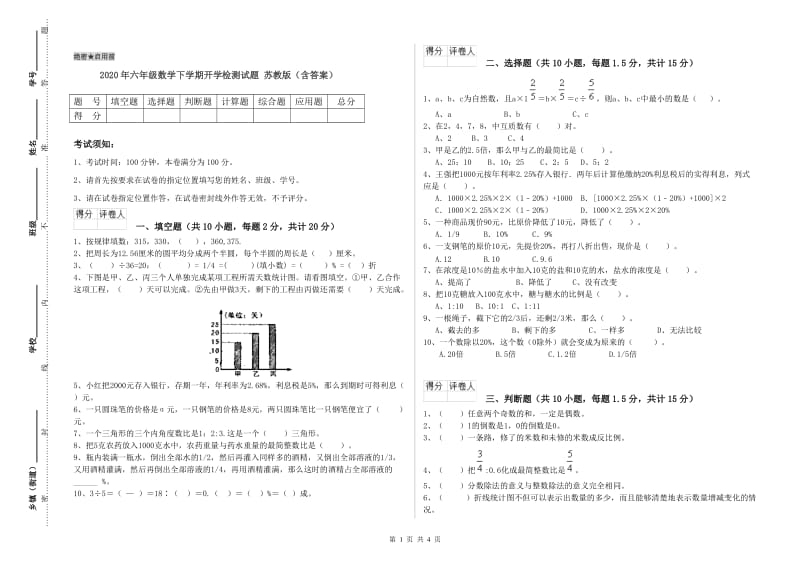 2020年六年级数学下学期开学检测试题 苏教版（含答案）.doc_第1页