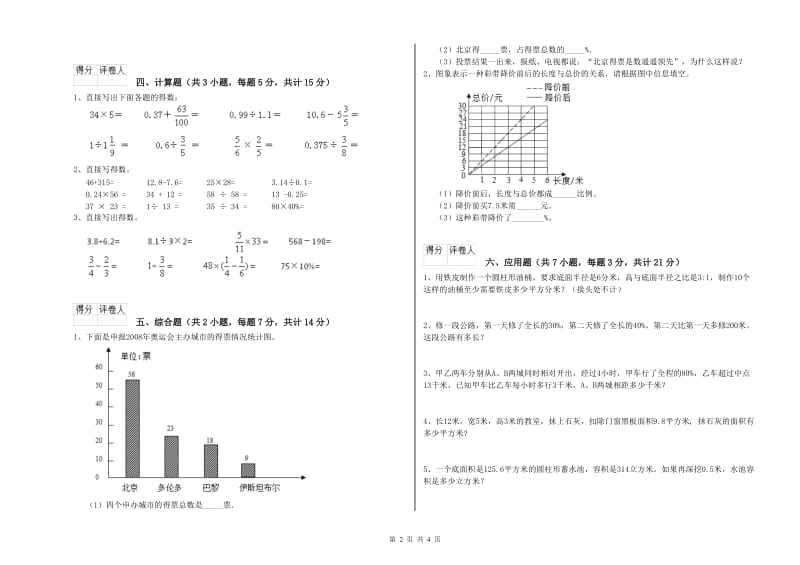 2019年六年级数学【下册】强化训练试卷 人教版（附答案）.doc_第2页