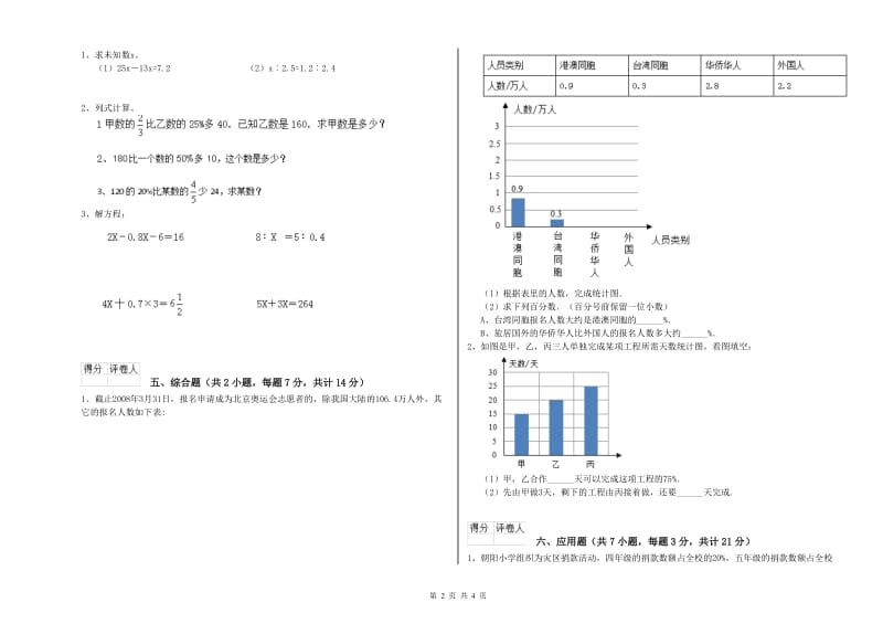 2020年六年级数学【上册】自我检测试题 新人教版（附答案）.doc_第2页