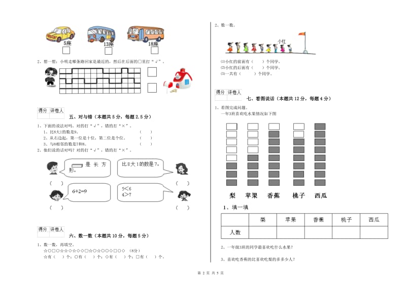 2019年实验小学一年级数学上学期期末考试试卷 苏教版（含答案）.doc_第2页