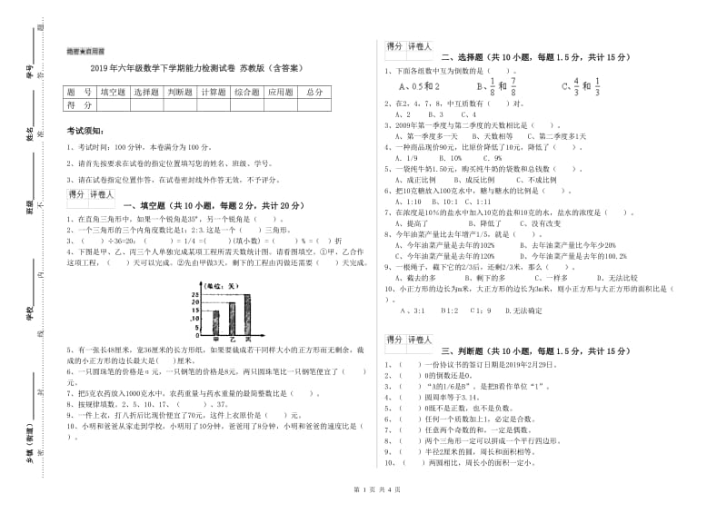 2019年六年级数学下学期能力检测试卷 苏教版（含答案）.doc_第1页