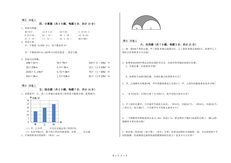 2019年六年级数学下学期能力检测试卷 苏教版（含答案）.doc_第2页