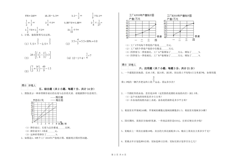 2019年六年级数学上学期综合练习试卷 上海教育版（含答案）.doc_第2页