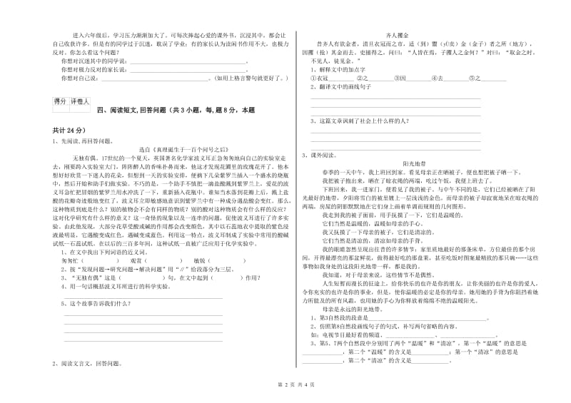 2019年六年级语文【下册】期中考试试题A卷 附解析.doc_第2页