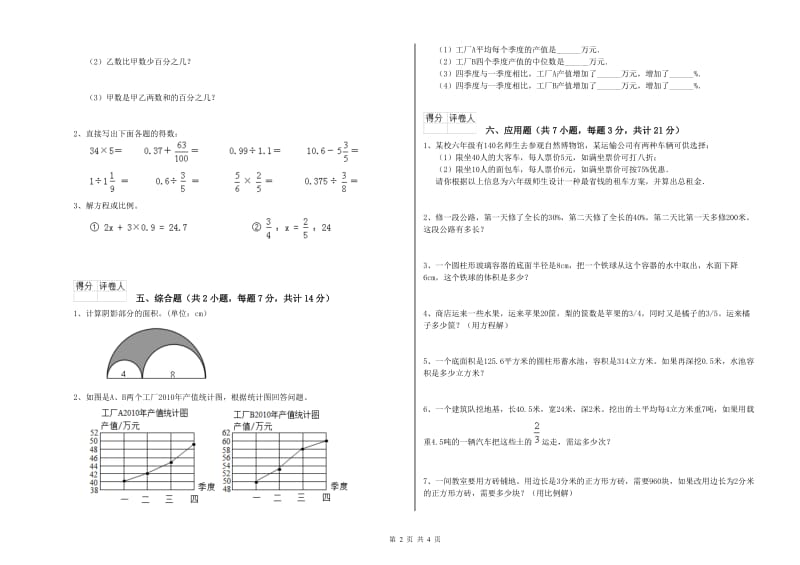 2019年六年级数学上学期期中考试试卷 上海教育版（附答案）.doc_第2页