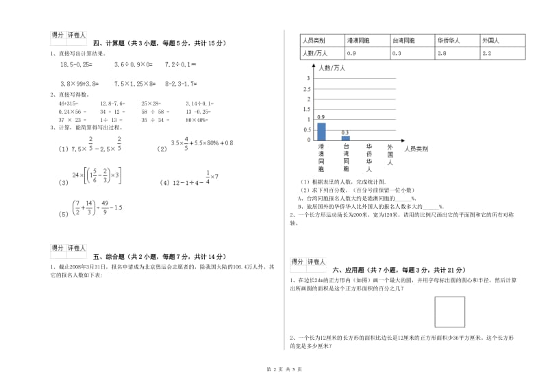 2019年六年级数学下学期开学检测试卷 人教版（附答案）.doc_第2页