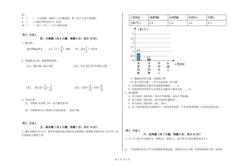 2020年六年级数学上学期开学考试试卷 江苏版（含答案）.doc_第2页