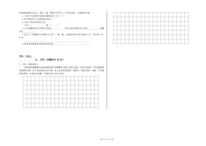 2019年实验小学二年级语文【下册】开学检测试题 新人教版（附解析）.doc_第3页