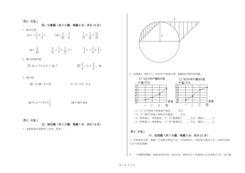 2019年六年级数学【上册】全真模拟考试试卷 苏教版（含答案）.doc_第2页