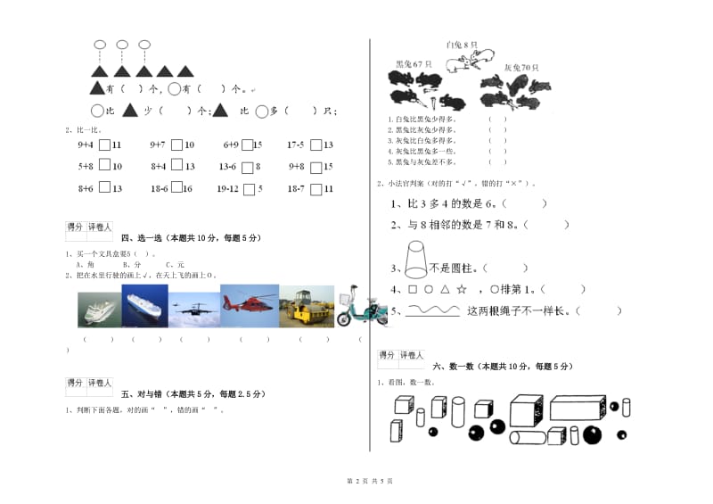 2019年实验小学一年级数学【上册】每周一练试题D卷 赣南版.doc_第2页