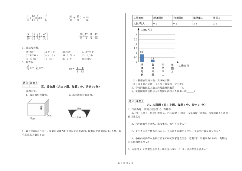 2019年六年级数学【上册】期末考试试卷 新人教版（附答案）.doc_第2页