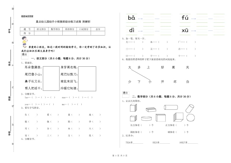 重点幼儿园幼升小衔接班综合练习试卷 附解析.doc_第1页