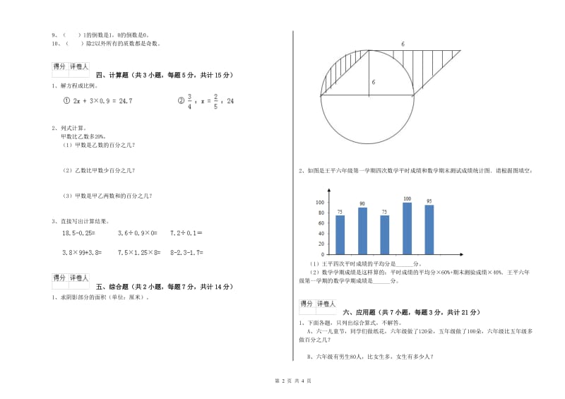 2019年六年级数学【上册】全真模拟考试试卷 江西版（含答案）.doc_第2页