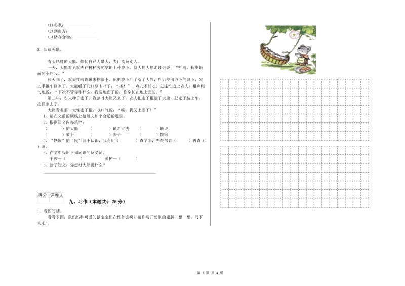 2019年实验小学二年级语文下学期强化训练试卷 湘教版（附解析）.doc_第3页