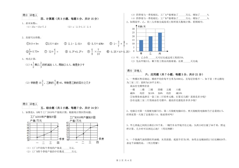 2019年六年级数学上学期过关检测试题 沪教版（含答案）.doc_第2页