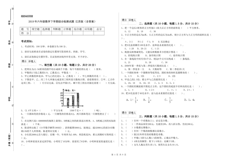 2019年六年级数学下学期综合检测试题 江苏版（含答案）.doc_第1页
