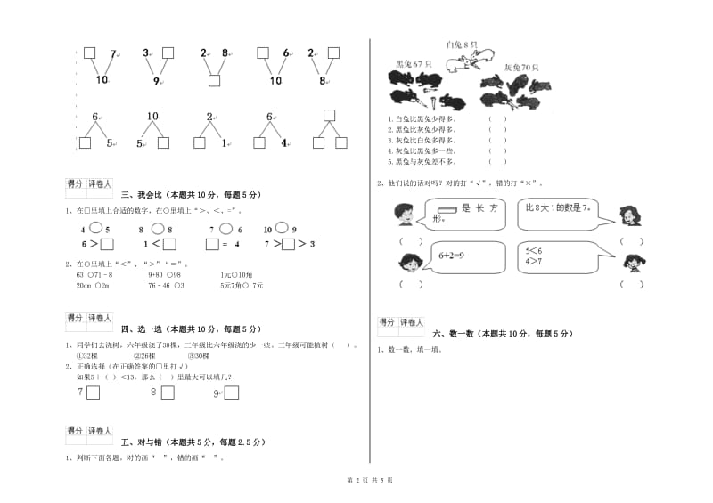 2019年实验小学一年级数学上学期过关检测试题 新人教版（附解析）.doc_第2页